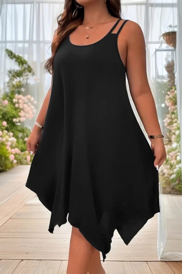 Kadın Askılı Yuvarlak Asimetrik Kesim Detaylı Viskon Elbise