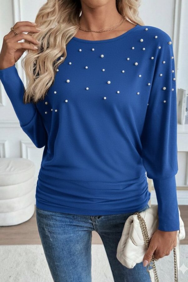 Kadın Uzun Kollu Yuvarlak Yaka Incili Viskon Bluz