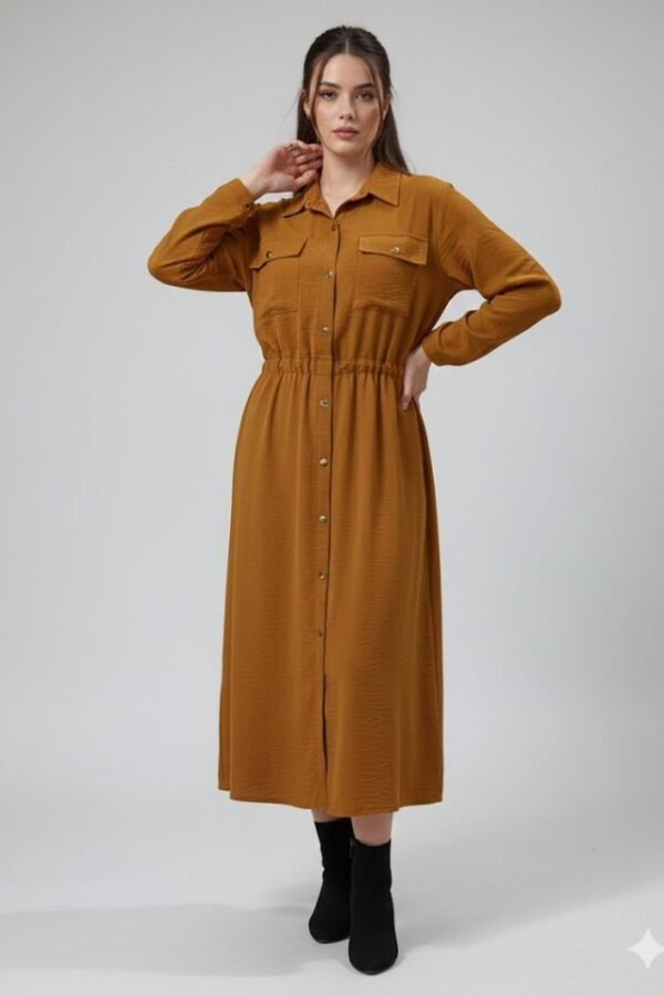 Kadın Uzun Kollu Beli Lastik Ve Düğme Detay Gömlek Elbise