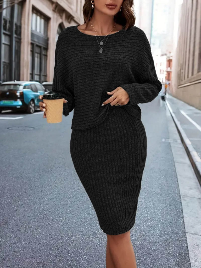 Kadın Uzun Kollu Iki Yanı Açık Yaka Detaylı Bluz Ve Etek şardonlu Kaşkorse Ikili Takım - Görsel 2