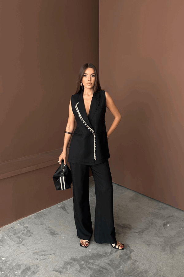 YAKA MİDYE KABUĞU SIRALI YELEK - PANTOLON  TAKIM KETEN KUMAŞ - Siyah