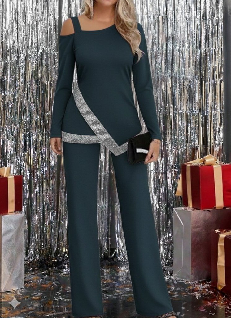 Kadın Tek Omuzdan Açık Uzun Kollu önü Pulpayet Ithal Krep Bluz Ve Pantolon - Görsel 7