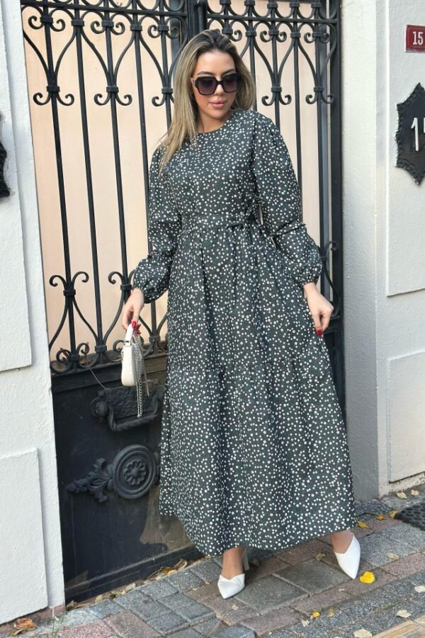 Kadın Uzun Kollu Bisiklet Yaka Papatya Desen Kuşak Dahil Maxi Boy Elbise