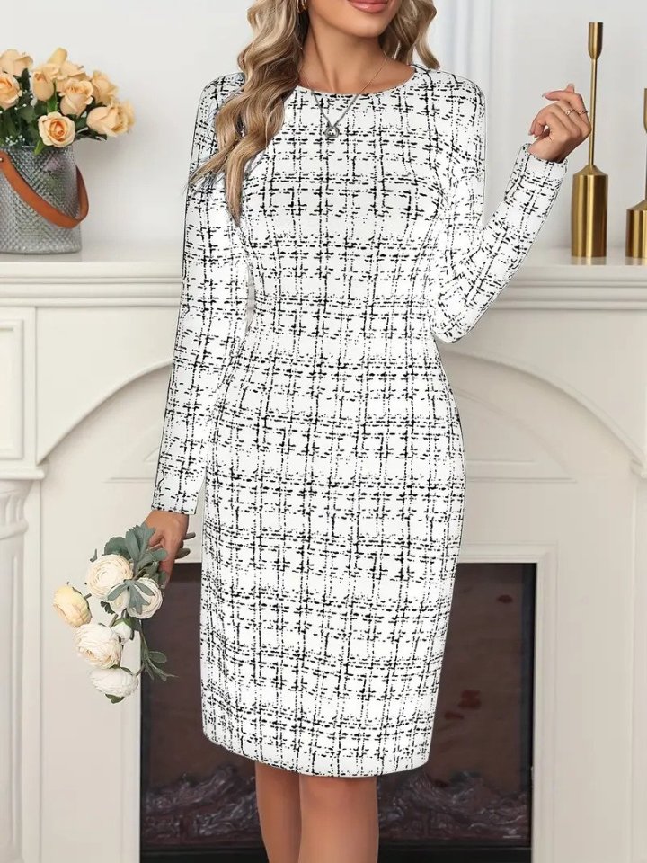 Kadın Uzun Kollu Bisiklet Yaka Desenli Dalgıç Kısa Elbise - Görsel 5