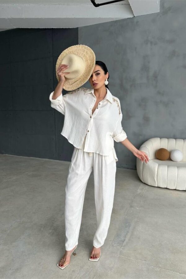 OMUZ SAÇAK DENİZ KABUĞU GÖMLEK - PANTOLON TAKIM - Ekru