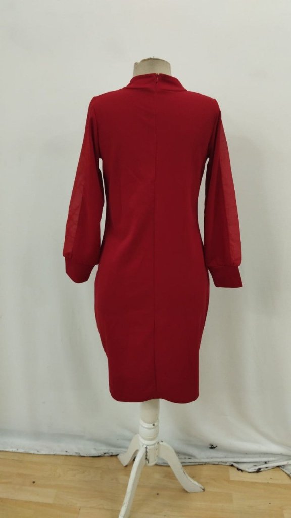 Kadın Uzun Kollu Yarı Balıkçı Yaka Tül Ve Inci Detaylı Kısa Ithal Krep Midi Elbise - Görsel 5