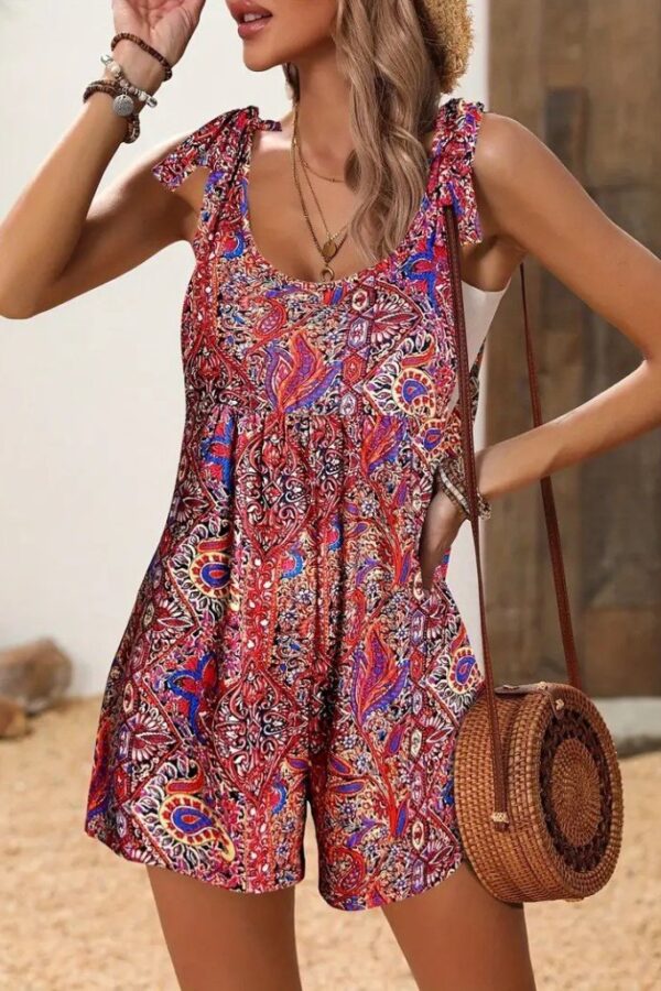 Kadın Omuzlardan Askılı Desenli Geniş Paçalı Süprem Tulum