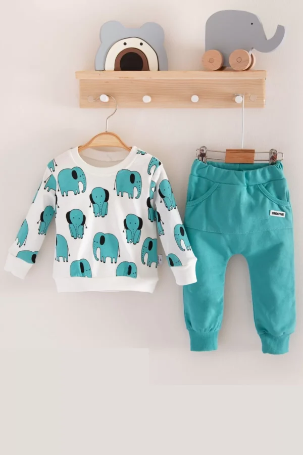 Fil Desenli 2'li % 100 Pamuk Erkek Bebek Takımı