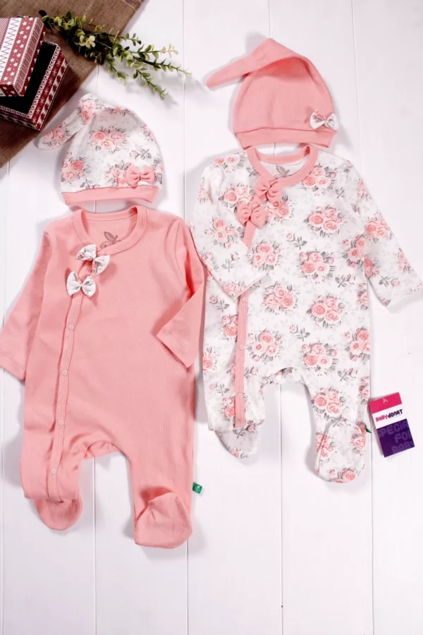 Fiyonklu Çiçek Desenli Kız Bebek 4'lü Tulum Seti