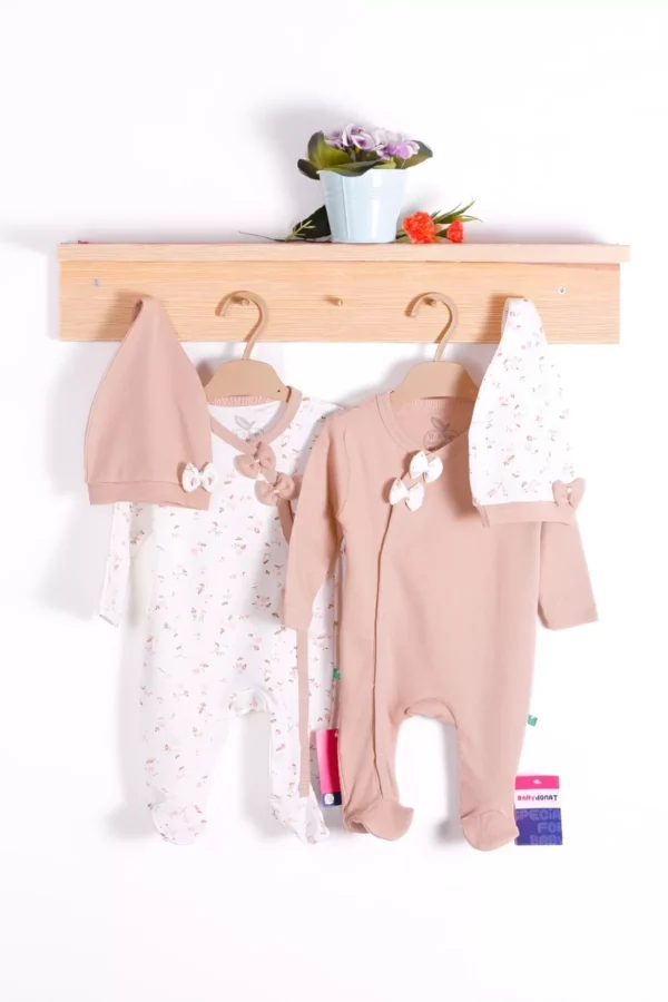 Fiyonklu Küçük Çiçek Desenli Kız Bebek 4'lü Tulum Seti