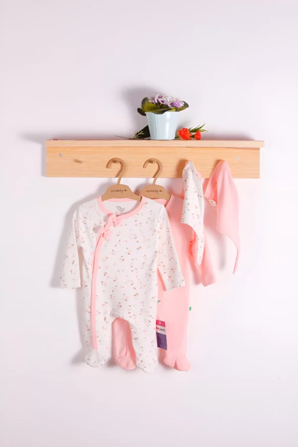 Fiyonklu Küçük Çiçek Desenli Kız Bebek 4'lü Tulum Seti