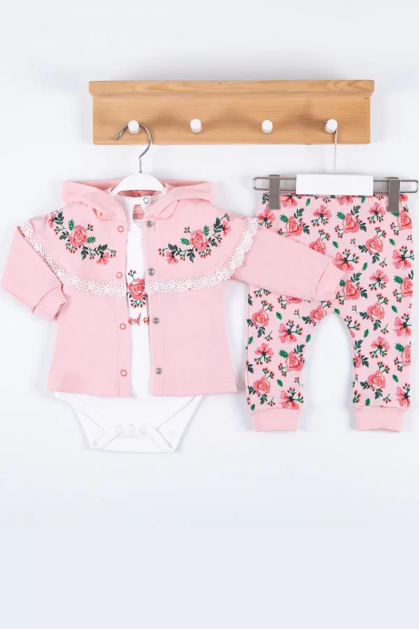 Flover Nakışlı Hırkalı % 100 Pamuk 3'lü Kız Takım