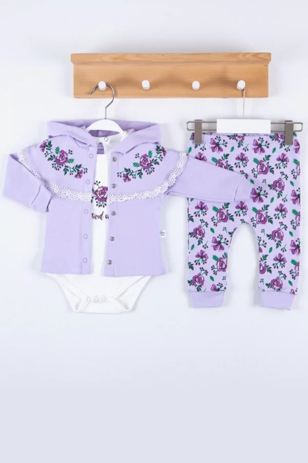 Flover Nakışlı Hırkalı % 100 Pamuk 3'lü Kız Takım