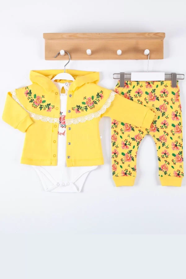 Flover Nakışlı Hırkalı % 100 Pamuk 3'lü Kız Takım