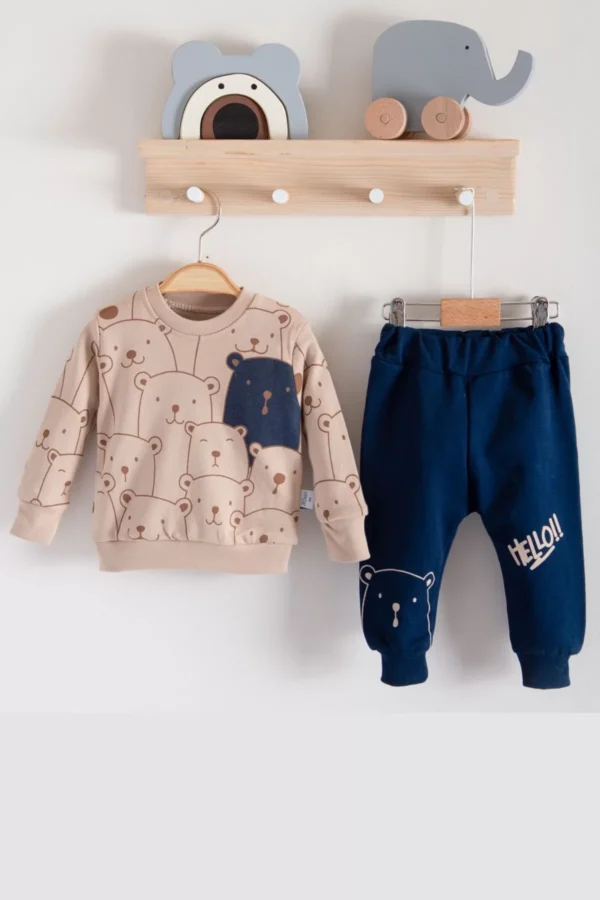 Hello Bear Desenli Pamuklu 2'li Erkek Bebek Takımı
