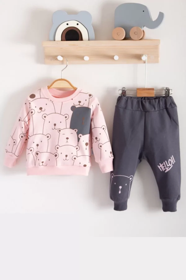 Hello Bear Desenli Pamuklu 2'li Kız Bebek Takımı