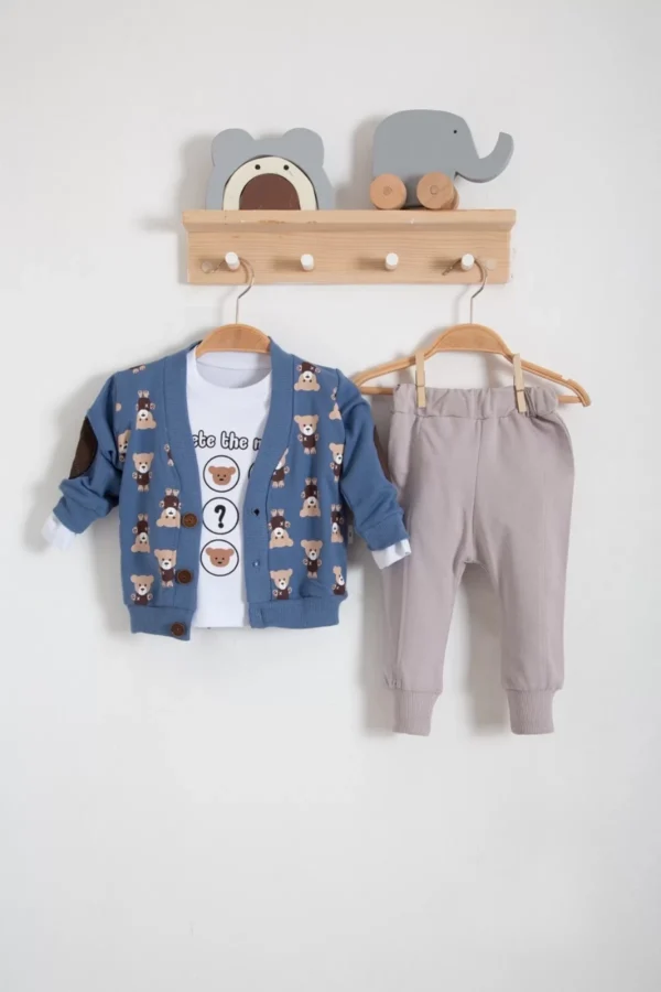 Hırkalı Bear Desenli 3'lü Erkek Bebek Takımı