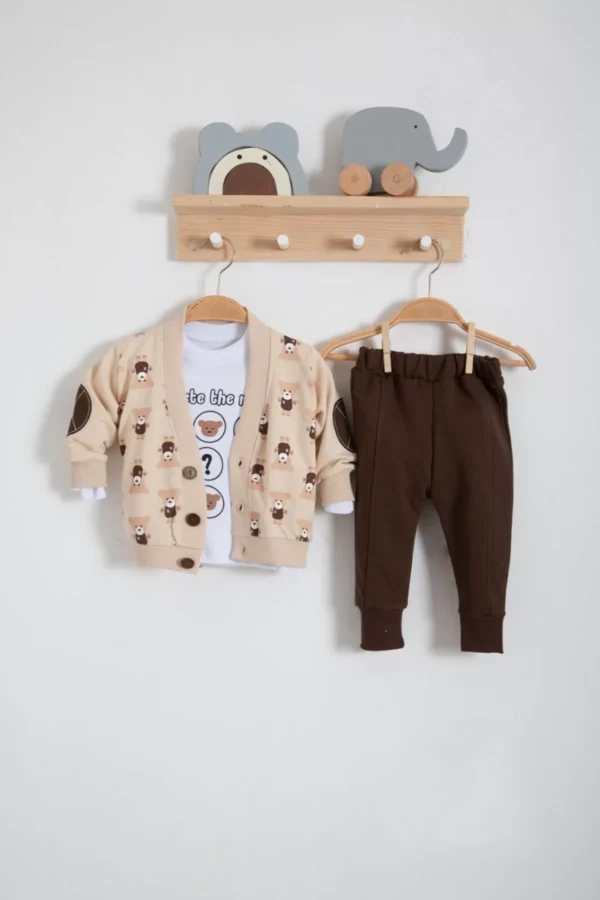 Hırkalı Bear Desenli 3'lü Erkek Bebek Takımı