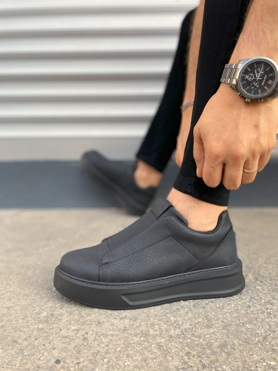 JY007 Alba Bağcıksız Cilt Erkek Günlük Sneaker Ayakkabı CST Siyah - Görsel 3