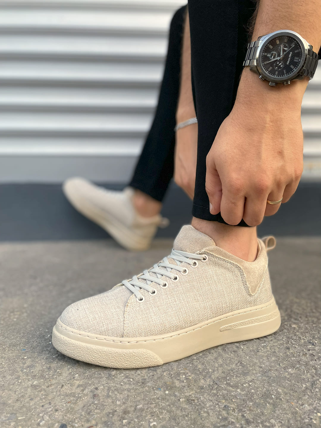 JY204 Flex Bağcıklı Keten Kumaş Erkek Günlük Sneaker Ayakkabı KKT - Krem - Görsel 3