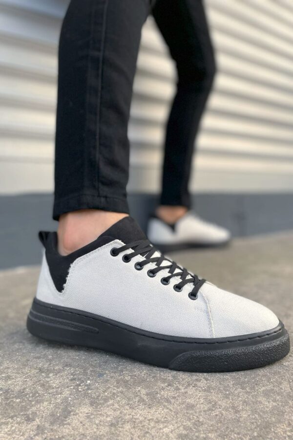 JY204 Flex Bağcıklı Keten Kumaş Erkek Günlük Sneaker Ayakkabı KST - Beyaz/Siyah