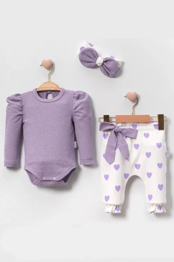 Kalp Baskılı Bandanalı 3'lü Lüx Waffle Kız Bebek Takım