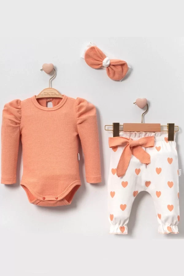 Kalp Baskılı Bandanalı 3'lü Lüx Waffle Kız Bebek Takım