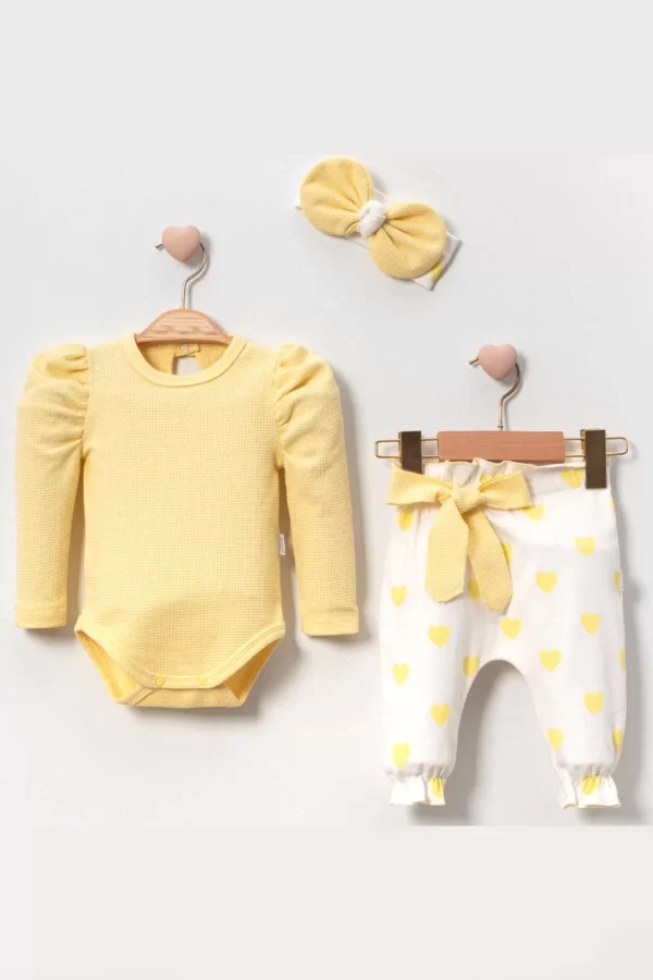 Kalp Baskılı Bandanalı 3'lü Lüx Waffle Kız Bebek Takım