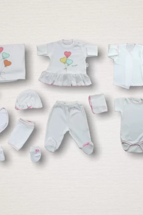 Kalpli Uçan Balon Nakışlı  10lu Zıbın Takımı Hastane Çıkışı Ekru