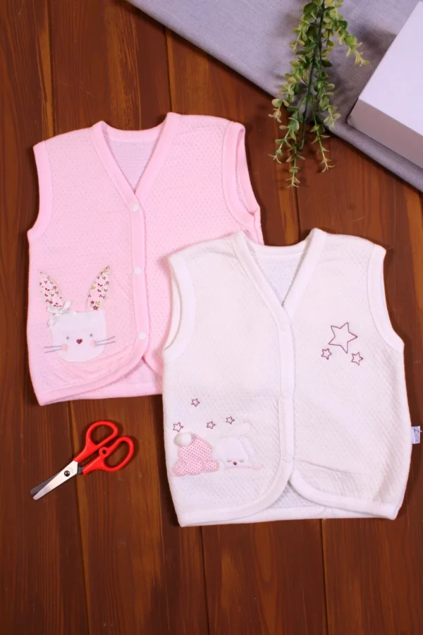 Kapitone Nakışlı Kız Bebek Yeleği 2'li Paket