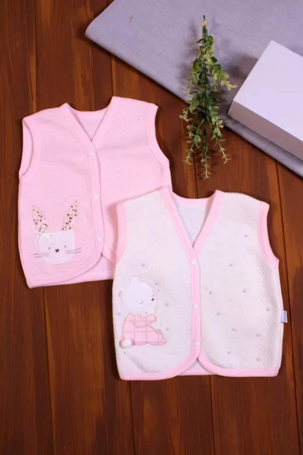 Kapitone Nakışlı Kız Bebek Yeleği 2'li Paket
