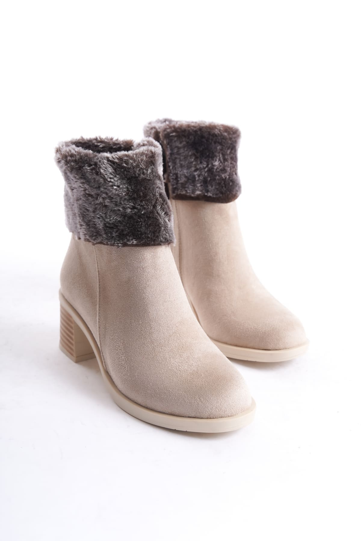 KATYA Fermuarlı Ortopedik Taban Topuklu Kürk Detaylı Süet Kadın Bot STT - Ten - Görsel 5
