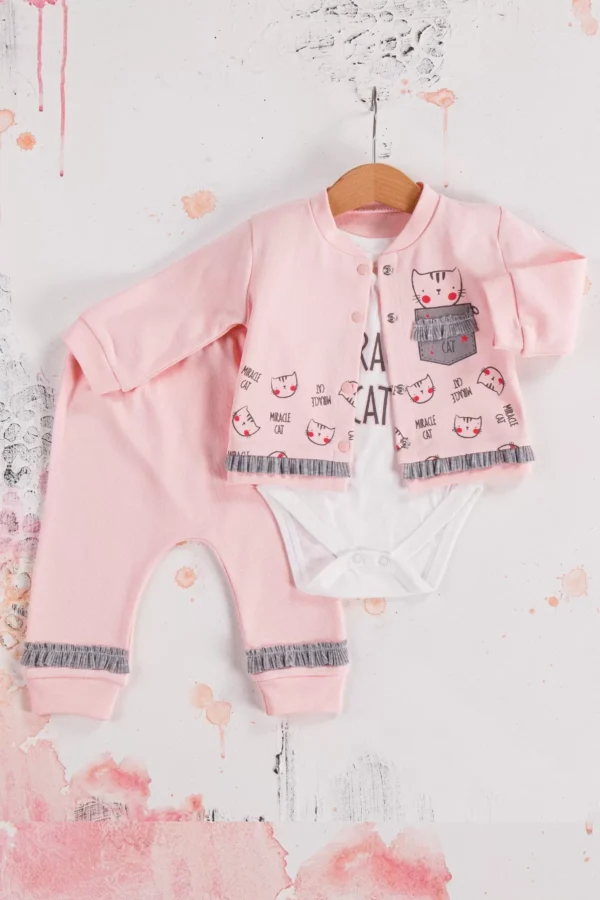 Kedi Desenli 3'lü Hırkalı Kız Bebek Takım