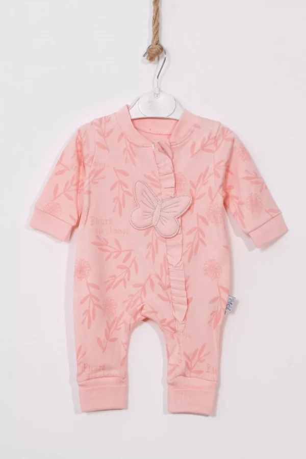 Kelebek Nakışlı % 100 Pamuk Ayaklı Kız Bebek Tulumu