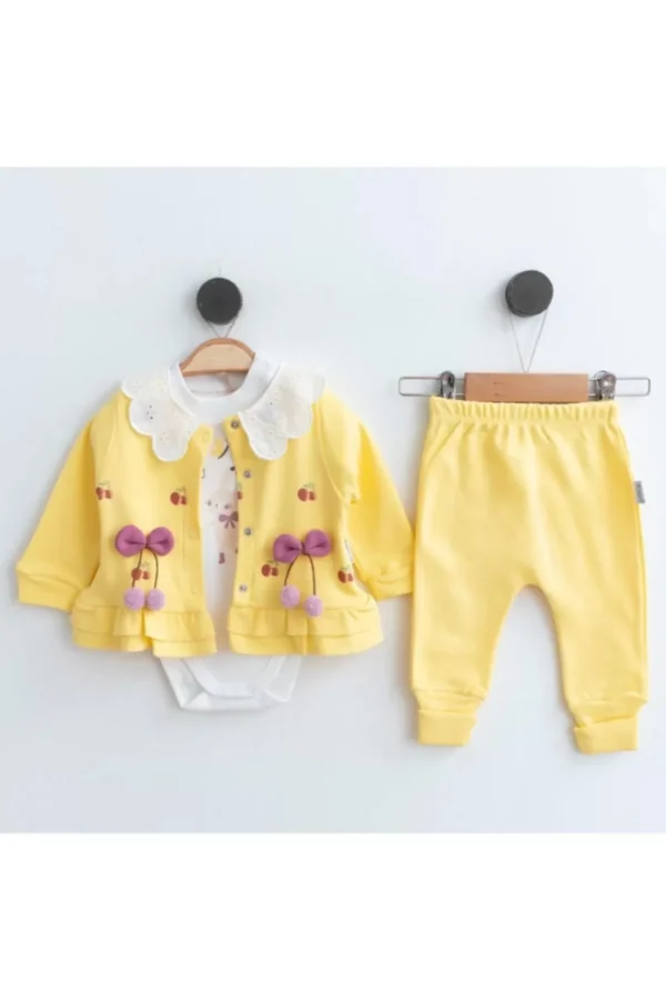 Kiraz Aksesuarlı % 100 Pamuk 3'lü Kız Bebek Takım