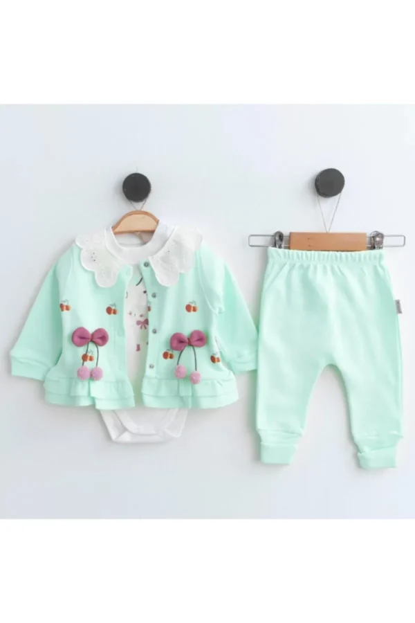 Kiraz Aksesuarlı % 100 Pamuk 3'lü Kız Bebek Takım