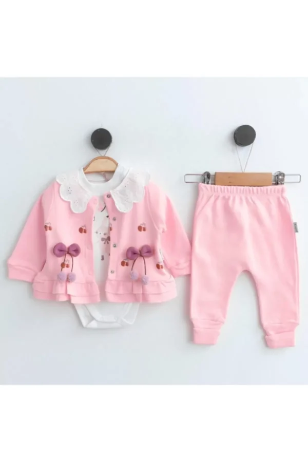 Kiraz Aksesuarlı % 100 Pamuk 3'lü Kız Bebek Takım