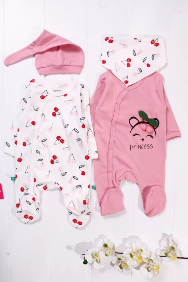 Kiraz Aksesuarlı Kız Bebek 4'lü Tulum Seti