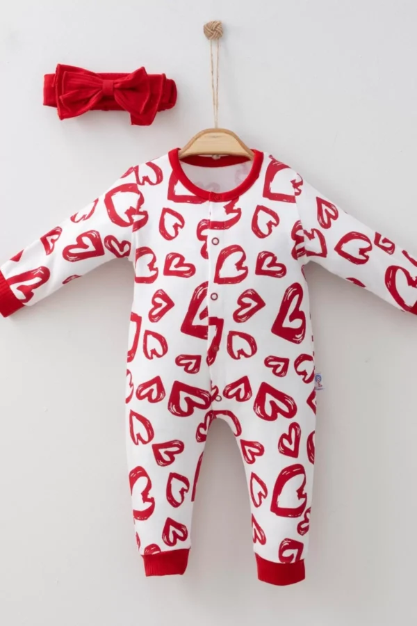 Kırmızı Kalp Desenli % 100 Pamuk Kız Bebek Tulum