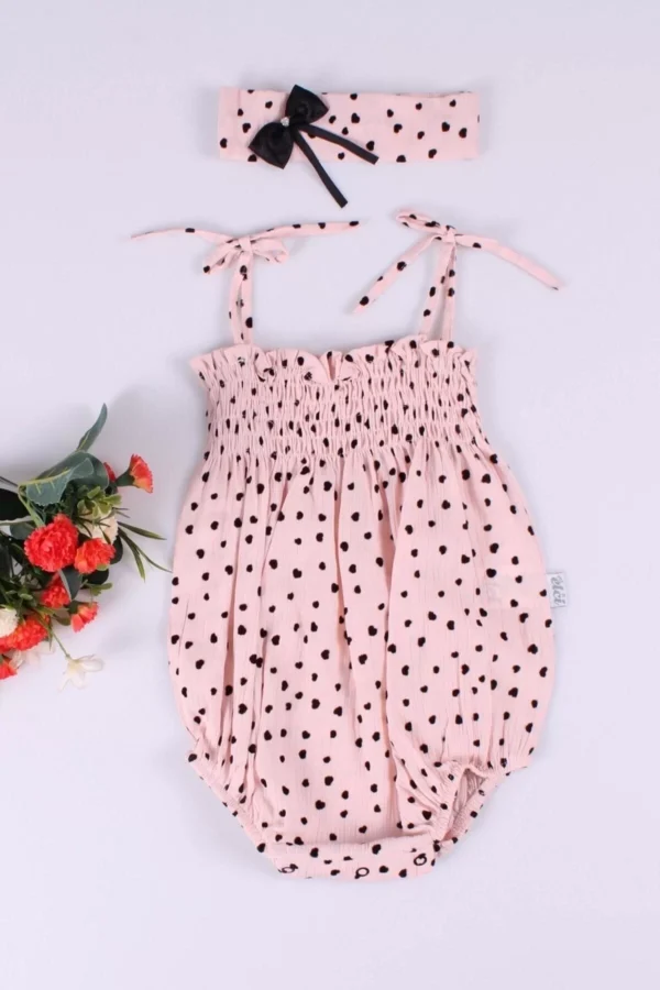Kız Bebek Pembe Puantiyeli Büzgülü Askılı Body