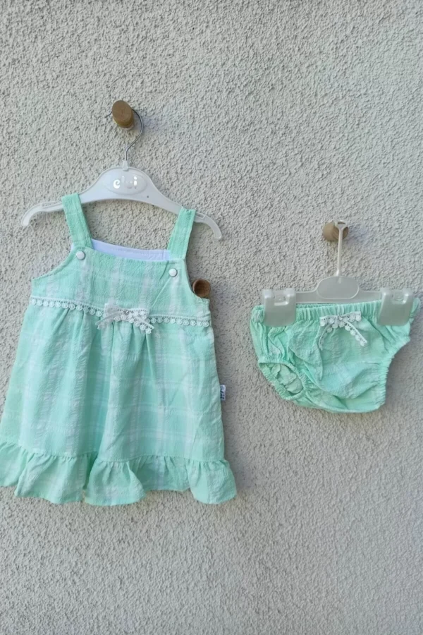 Kız Bebek Yeşil Askılı Kareli Külotlu Elbise 3-6-9 Ay