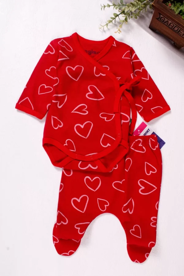 Kruvaze Bağlamalı Kalp Desenli 2'li Kız Bebek Takım