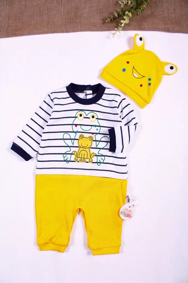 Kurbağa Desenli Şapkalı Erkek Bebek Tulumu