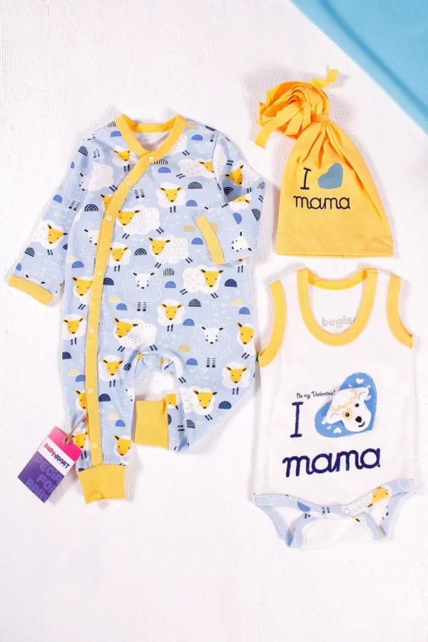 Kuzu Figürlü Şapkalı 3'lü Erkek Bebek Takımı