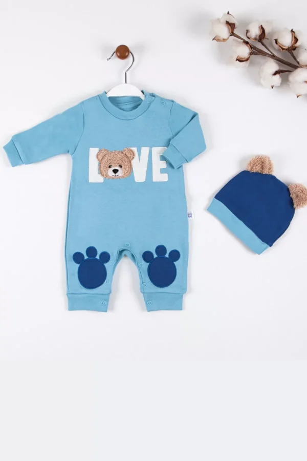 Love Bear Nakışlı % 100 Pamuk Erkek Bebek Tulumu