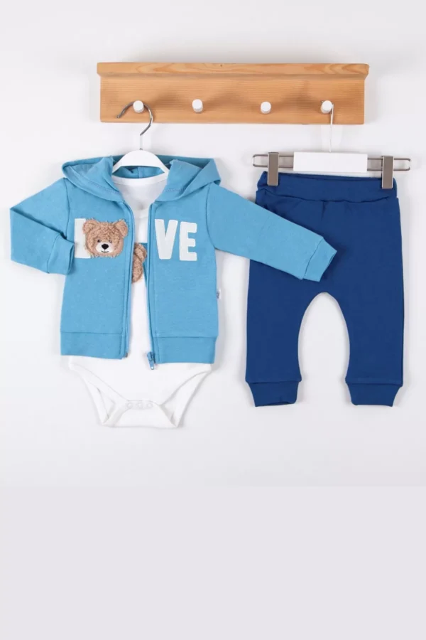 Love Bear Nakışlı % 100 Pamuk Hırkalı 3'lü Erkek Takım