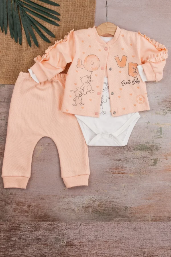 Love Tavşan Desenli Kol Detaylı 3'lü Hırkalı Kız Bebek Takım