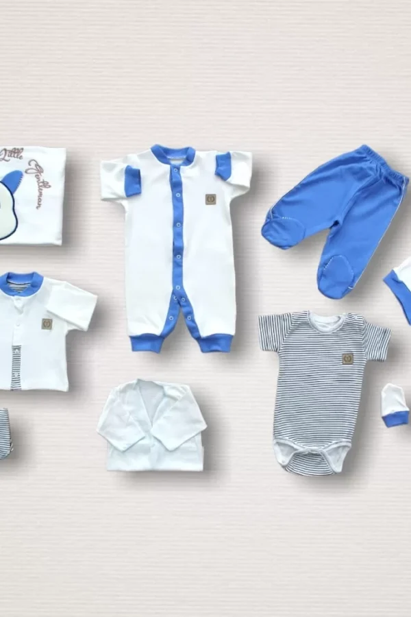 Minik Centilmen Ayı Nakışlı  10lu Zıbın Takımı Hastane Çıkışı Mavi