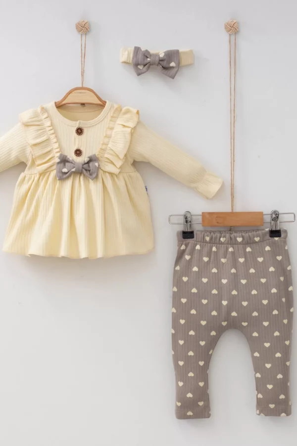 Minik Kalpli Fırfırlı Bandanalı 3'lü Kız Bebek Takımı