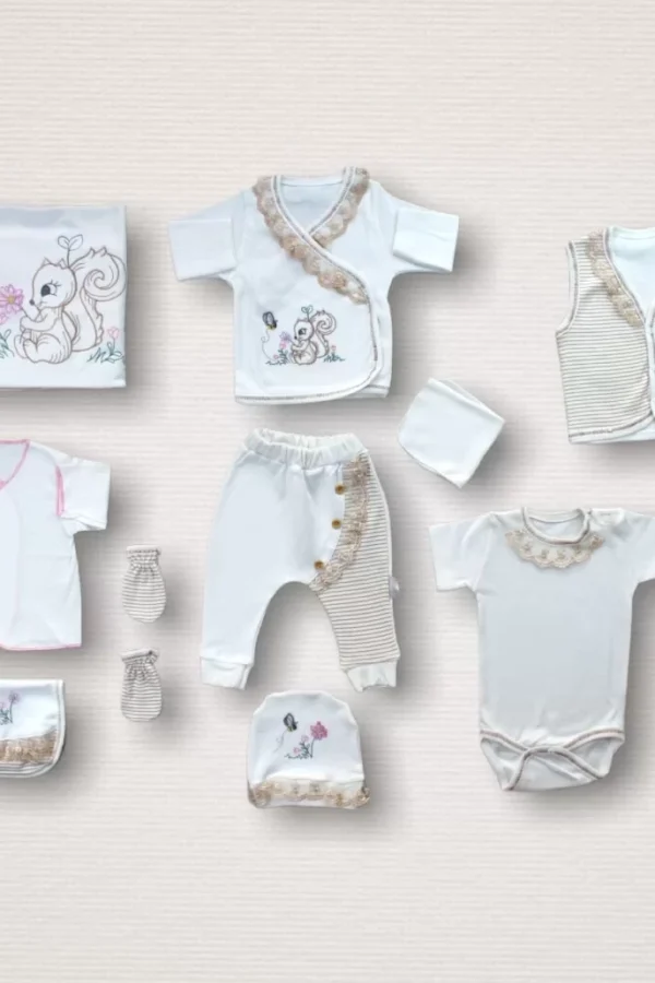 Minik Sincap Nakışlı  10lu Zıbın Takımı Hastane Çıkışı Ekru